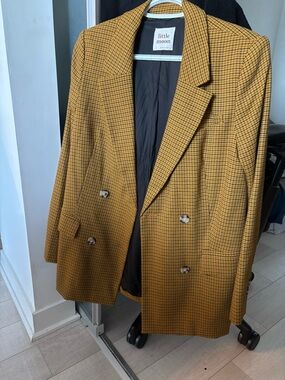 Little Moon Men's Double-Breasted Mustard Check Pea Coat